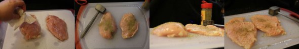 After you pat the chicken dry, season and tenderize. Tenderizing works in your seasonings but also "levels the grilling ground." Pound the chicken to achieve an even thickness without  compromising the composition of the meat.